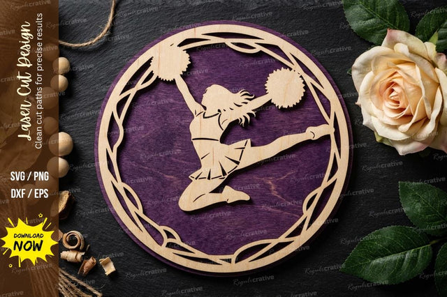 Layered Cheerleader Frame SVG Laser Cut Design | Decorative Sports Silhouette Pattern SVG Regulrcrative 