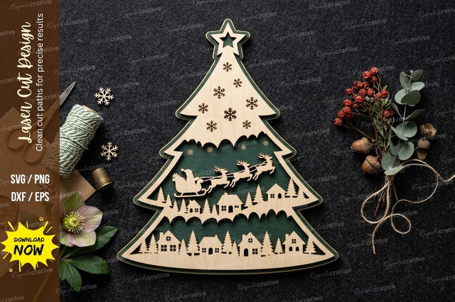 Layered Christmas Tree Village SVG Laser Cut Design | Holiday Scene Pattern SVG Regulrcrative 
