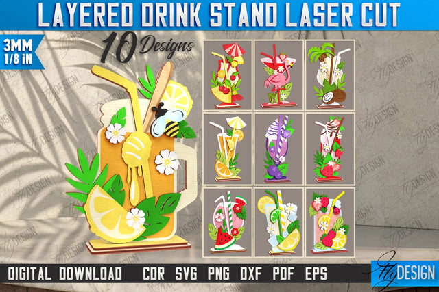 Layered Drink Stand Laser Cut Bundle | Wooden Desktop Stand | Tropical Design | Bar Décor | CNC Files SVG Fly Design 