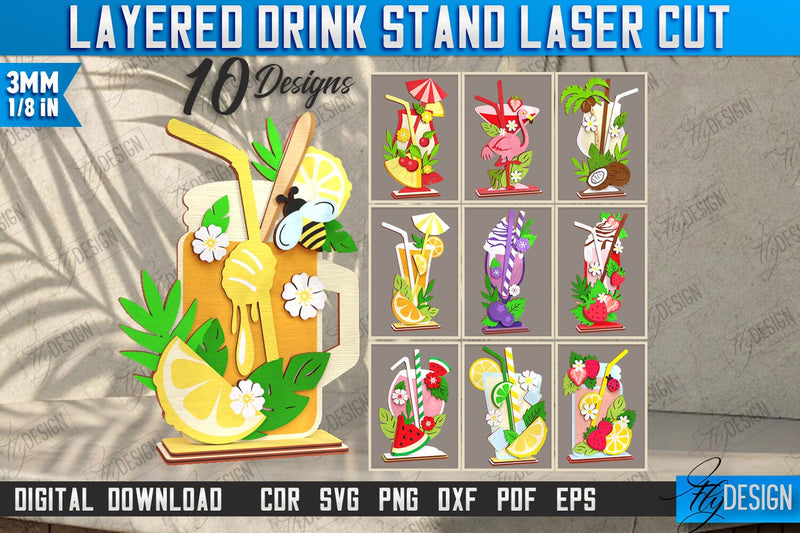 Layered Drink Stand Laser Cut Bundle | Wooden Desktop Stand | Tropical Design | Bar Décor | CNC Files SVG Fly Design 