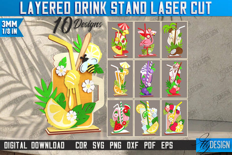Layered Drink Stand Laser Cut Bundle | Wooden Desktop Stand | Tropical Design | Bar Décor | CNC Files SVG Fly Design 