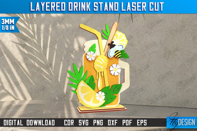 Layered Drink Stand Laser Cut | Wooden Desktop Stand | Tropical Design | Bar Décor | CNC File SVG Fly Design 