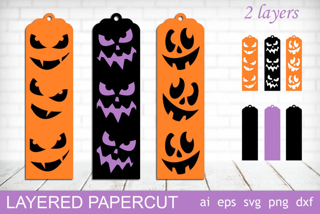 Layered Halloween bookmarks, Scary pumpkin faces papercut svg SVG AnastasiyaArtDesign 