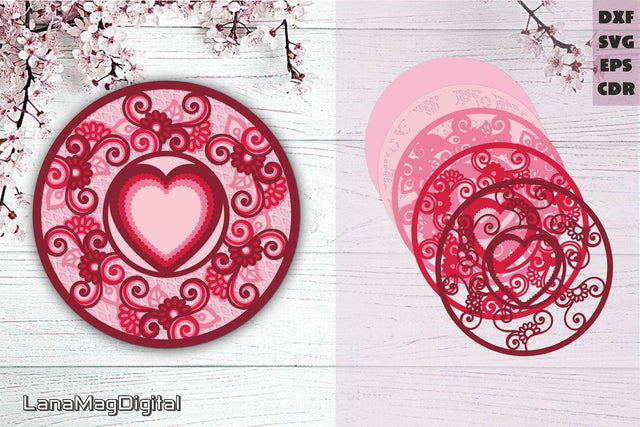 Layered heart mandala svg Floral love heart Valentines day photo frame 3D Paper LanaMagDigital 