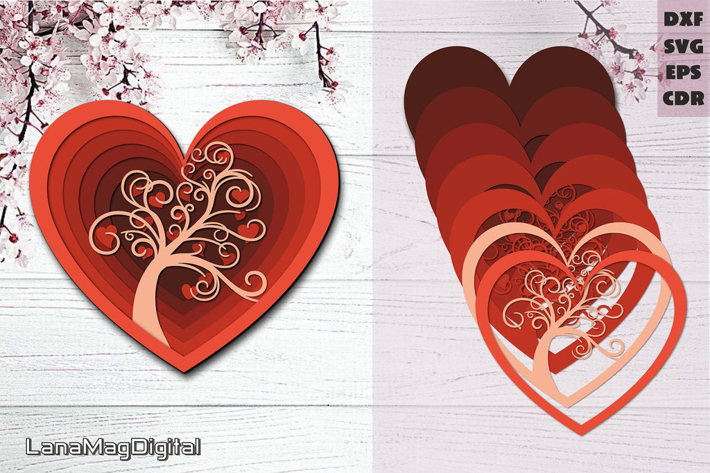 Layered heart with tree svg 3D heart svg Valentines heart - So Fontsy