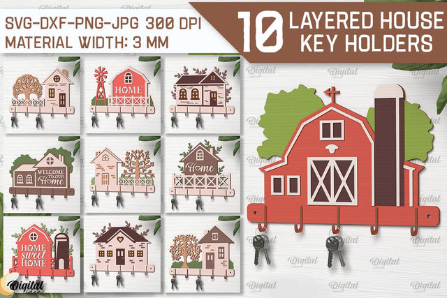 Layered House Key Holders Laser Cut Bundle. Key Holders SVG SVG Evgenyia Guschina 