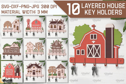 Layered House Key Holders Laser Cut Bundle. Key Holders SVG SVG Evgenyia Guschina 