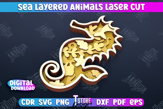 Layered Seahorse | 3D Wood Shape | Nautical Multilayer | Wall Décor | CNC File SVG The T Store Design 