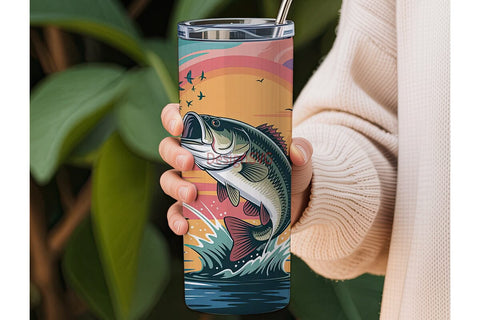 Leaping Bass Sunset 20oz Tumbler Wrap Sublimation DesignSVG 