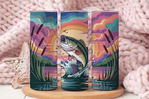 Leaping Bass Sunset 20oz Tumbler Wrap Sublimation DesignSVG 