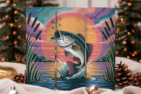 Leaping Bass Sunset 20oz Tumbler Wrap Sublimation DesignSVG 