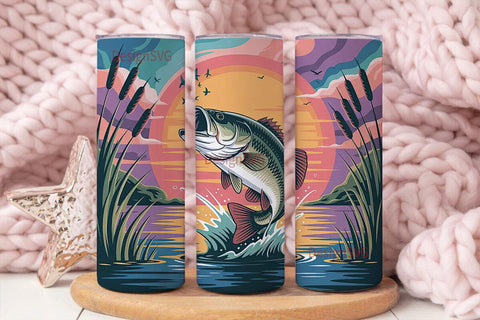 Leaping Bass Sunset 20oz Tumbler Wrap Sublimation DesignSVG 