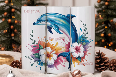 Leaping Dolphin & Hibiscus 20oz Tumbler Sublimation DesignSVG 