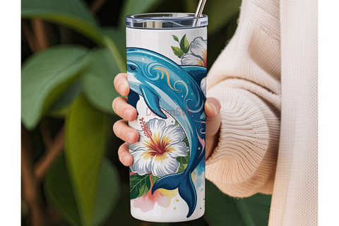 Leaping Dolphin & Hibiscus 20oz Tumbler Sublimation DesignSVG 
