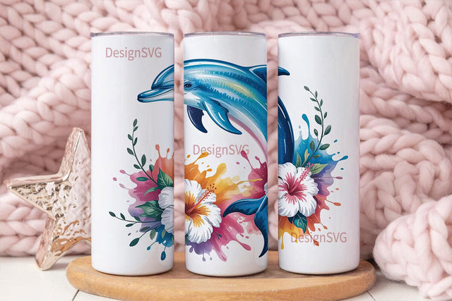 Leaping Dolphin & Hibiscus 20oz Tumbler Sublimation DesignSVG 