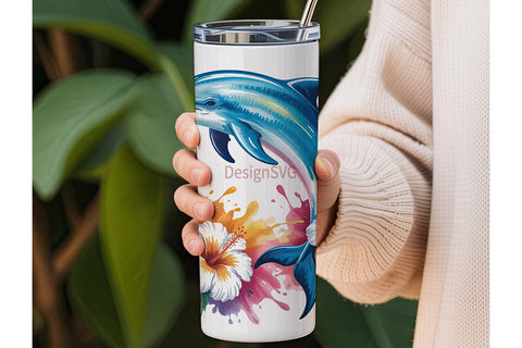 Leaping Dolphin & Hibiscus 20oz Tumbler Sublimation DesignSVG 