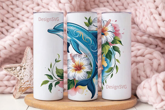 Leaping Dolphin & Hibiscus 20oz Tumbler Sublimation DesignSVG 
