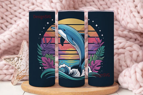Leaping Dolphin Sunset 20oz Tumbler Wrap Sublimation DesignSVG 