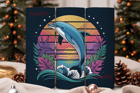 Leaping Dolphin Sunset 20oz Tumbler Wrap Sublimation DesignSVG 