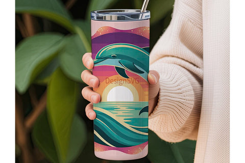 Leaping Dolphin Sunset Tumbler Wrap Sublimation DesignSVG 