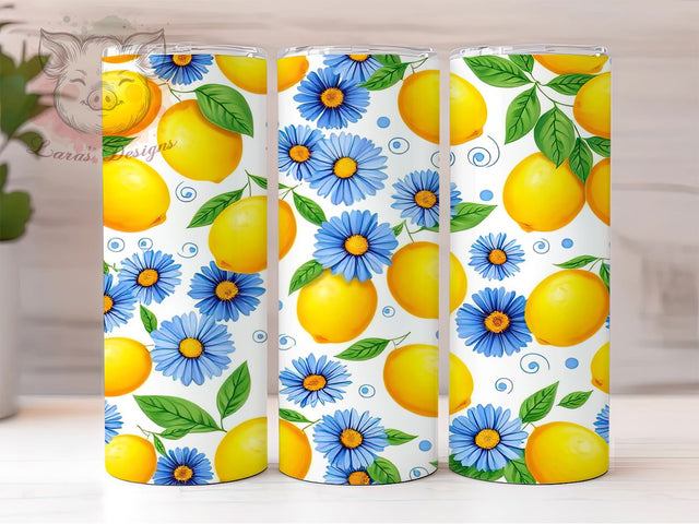 Lemon Daisy Pattern 20oz Tumbler, Lemon Tumbler, Daisy Floral, Summer Drinkware, Sublimation Wrap, 20oz Tumbler, Bright Pattern, Fresh Aesthetic Sublimation Lara' s Designs 
