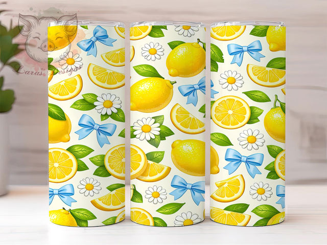 Lemon Floral Pattern 20oz Tumbler, Seamless Pattern, Yellow Lemons, Juicy Cross-Sections, Creamy Background, Skinny Tumbler, Sublimation PNG Sublimation Lara' s Designs 