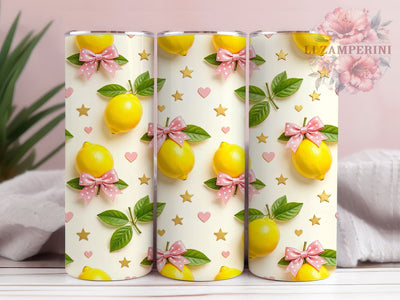 Lemon Heart Stars 20oz Tumbler, Green Leaves, Pink Bows, Golden Stars, Heart Motif, Skinny Tumbler, Sublimation PNG Sublimation Li Zamperini 