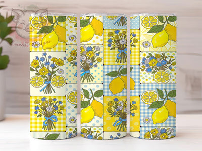 Lemon Patchwork Art 20oz Tumbler, Lemon Patchwork, Fruit Pattern, Summer Theme, Vintage Style, Bright Yellow, Skinny Tumbler, Sublimation PNG Sublimation Lara' s Designs 