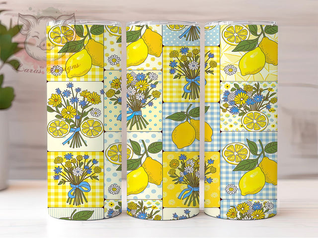 Lemon Patchwork Art 20oz Tumbler, Lemon Patchwork, Fruit Pattern, Summer Theme, Vintage Style, Bright Yellow, Skinny Tumbler, Sublimation PNG Sublimation Lara' s Designs 