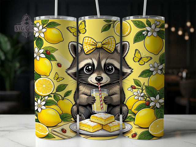 Lemon Raccoon 20oz Tumbler, Lemon raccoon design, Cute raccoon print, 20oz skinny tumbler, Lemon fruit design, Sublimation tumbler wrap, Raccoon tumbler pattern Sublimation SvggirlplusArt 