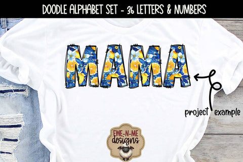 Lemons Blue Floral Doodle Alphabet Numbers | Patterned PNG Sublimation Ewe-N-Me Designs 