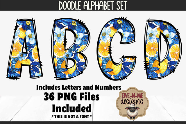 Lemons Blue Floral Doodle Alphabet Numbers | Patterned PNG Sublimation Ewe-N-Me Designs 