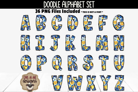 Lemons Blue Floral Doodle Alphabet Numbers | Patterned PNG Sublimation Ewe-N-Me Designs 