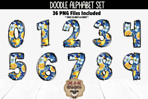 Lemons Blue Floral Doodle Alphabet Numbers | Patterned PNG Sublimation Ewe-N-Me Designs 