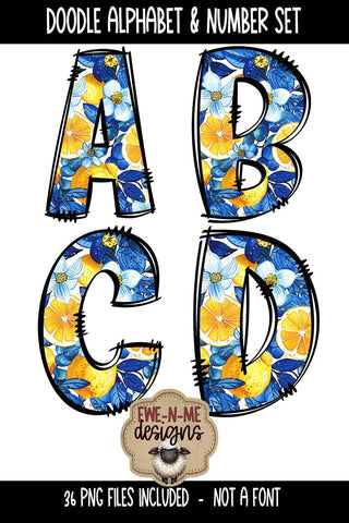 Lemons Blue Floral Doodle Alphabet Numbers | Patterned PNG Sublimation Ewe-N-Me Designs 