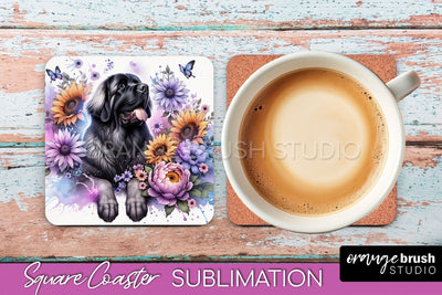 Leonberger Square Coaster - Dog Mom Floral Coaster Sublimation Sublimation OrangeBrushStudio 