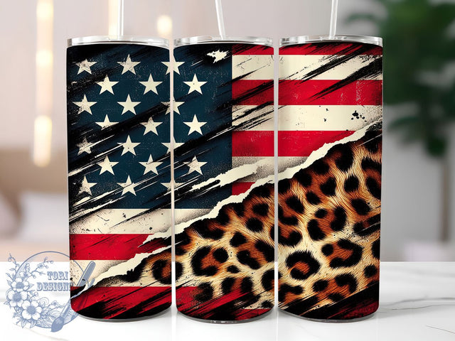 Leopard American Flag 20oz Boho Patriotic Tumbler, Patriotic Tumbler, USA Flag Tumbler, 20oz Sublimation Wrap, Boho Patriotic Tumbler, Fourth Of July Tumbler, Wild USA Pride Tumbler Sublimation ToriDesigns 