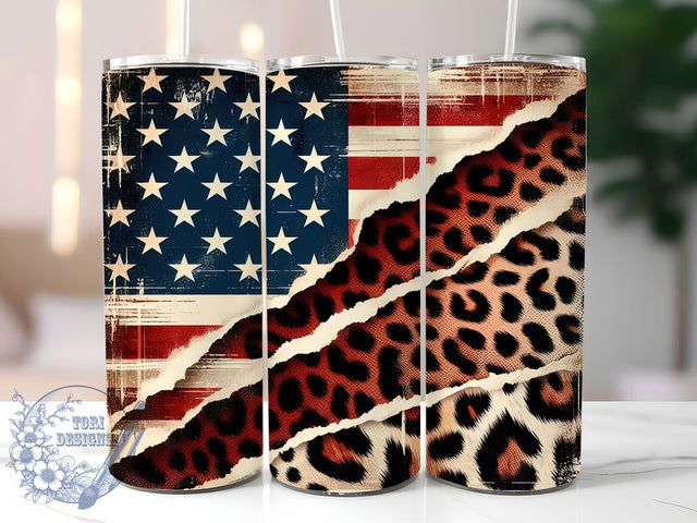 Leopard American Flag 20oz Boho Patriotic Tumbler, Patriotic Tumbler, USA Flag Tumbler, 20oz Sublimation Wrap, Boho Patriotic Tumbler, Fourth Of July Tumbler, Wild USA Pride Tumbler Sublimation ToriDesigns 