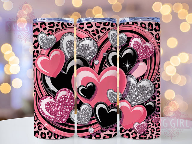 Leopard Black Pink Glitter Tumbler, Black Pink Glitter Wrap, Leopard Hearts Cup, 20oz Sublimation Wrap, Stylish Leopard Design Tumbler, Artistic Glitter Hearts Cup, Bold Black Pink Theme Wrap Sublimation SvggirlplusArt 