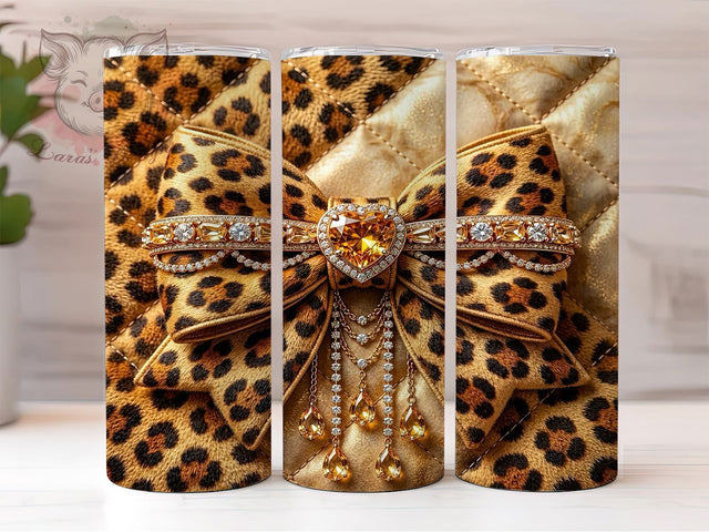Leopard Bow Gem Heart 20oz Tumbler, Amber Gemstone, Heart Centerpiece, Sparkling Diamonds, Elegant Design, Skinny Tumbler, Sublimation PNG Sublimation Lara' s Designs 