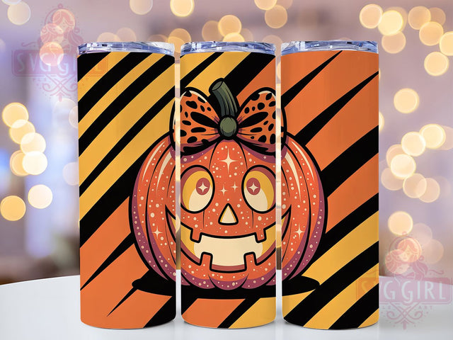 Leopard Bow Halloween Pumpkin Tumbler, Halloween Pumpkin, Glitter Wrap, Jack-o-Lantern, 20Oz Tumbler, Sublimation Design, Spooky Cute Sublimation SvggirlplusArt 