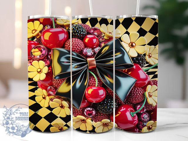 Leopard Cherry Plaid Tumbler, Cherry Floral Pattern, Plaid Cherry Design, 20Oz Sublimation Wrap, Leopard Cherry Mix, Floral Plaid Texture, Tumbler Sublimation Sublimation ToriDesigns 