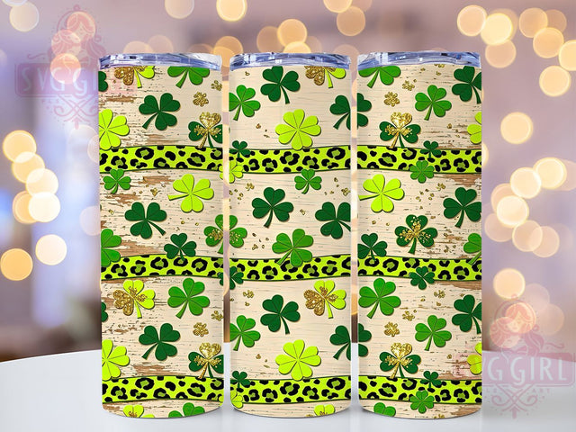 Leopard Clover Wood 20oz Tumbler Wrap, Leopard Print, Clover Motif, Wood Texture, Lucky Charm, Rustic Style, Skinny Tumbler, Sublimation PNG Sublimation SvggirlplusArt 