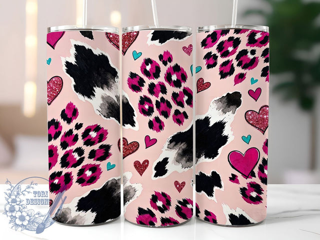 Leopard & Cowhide Hearts 20oz Tumbler, Leopard Cowhide, Heart Pattern, Rustic Style, Sublimation Wrap, 20oz Tumbler, Western Aesthetic, Farmhouse Design Sublimation ToriDesigns 