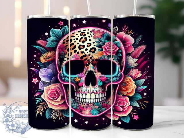 Leopard Floral Skull 20oz Skinny Tumbler, Flower and Skull Tumbler Png, Straight & Tapered Tumbler Wrap, Instant Digital Download Sublimation ToriDesigns 