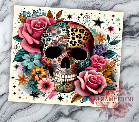 Leopard Flower and Skull 20oz Tumbler Wrap PNG, Floral Skull Tumbler Png, Straight & Tapered Tumbler Wrap, Instant Digital Download Sublimation Li Zamperini 