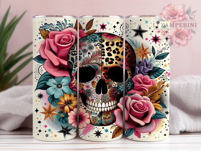 Leopard Flower and Skull 20oz Tumbler Wrap PNG, Floral Skull Tumbler Png, Straight & Tapered Tumbler Wrap, Instant Digital Download Sublimation Li Zamperini 