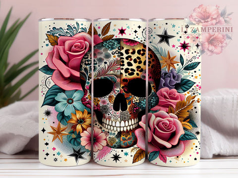 Leopard Flower and Skull 20oz Tumbler Wrap PNG, Floral Skull Tumbler Png, Straight & Tapered Tumbler Wrap, Instant Digital Download Sublimation Li Zamperini 