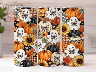 Leopard Ghost Halloween Sunflower 20oz Tumbler, Leopard Print, Ghost Motif, Halloween Accent, Sunflower Highlight, Sublimation Wrap, 20oz Tumbler, Spooky Charm Sublimation Lara' s Designs 