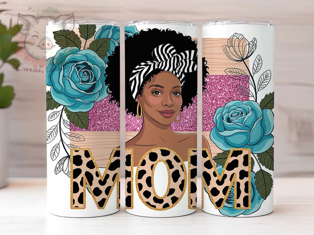 Leopard Glitter Afro Mom Tumbler, Leopard Print Wrap, Glitter Pattern Cup, 20oz Sublimation Wrap, African American Pride Tumbler, Stylish Leopard Glitter Cup, Empowerment Afrocentric Wrap Sublimation Lara' s Designs 